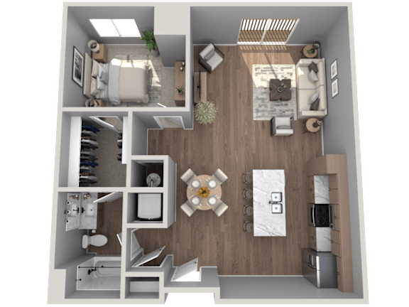 A 3D floor plan of a small apartment with a kitchen, living room, and bathroom.