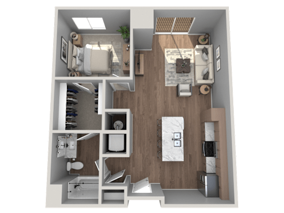 A 3D rendered image of a modern apartment layout.