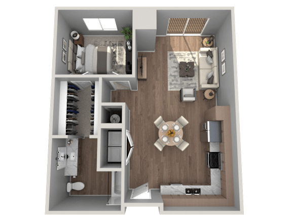 A 3D floor plan of a house showing a kitchen, living room, and bathroom.