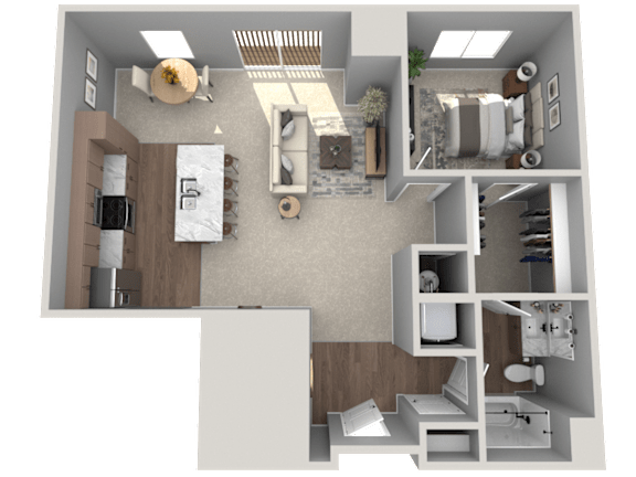 A 3D floor plan of a house showing a kitchen, living room, and bathroom.