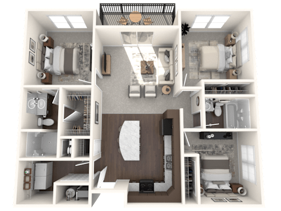 A 3D floor plan of a small apartment with a kitchen, living room, and bathroom.