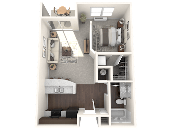 A 3D floor plan of a small apartment with a kitchen, living room, and bathroom.
