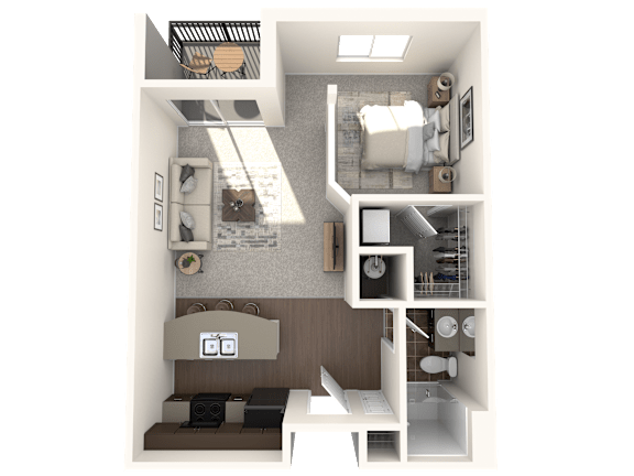 A 3D rendered image of a small apartment layout.