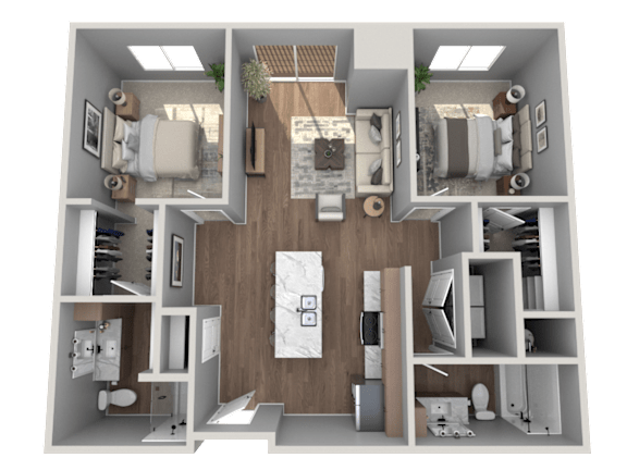 A 3D floor plan of a house showing a kitchen, living room, two bedrooms, and bathrooms.