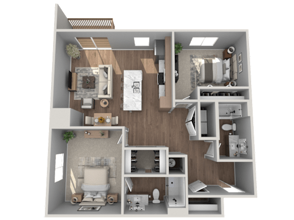 A 3D floor plan of a house showing a kitchen, living room, and bedrooms.