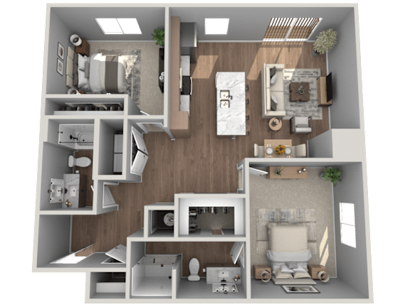 A 3D rendered image of a small apartment layout.