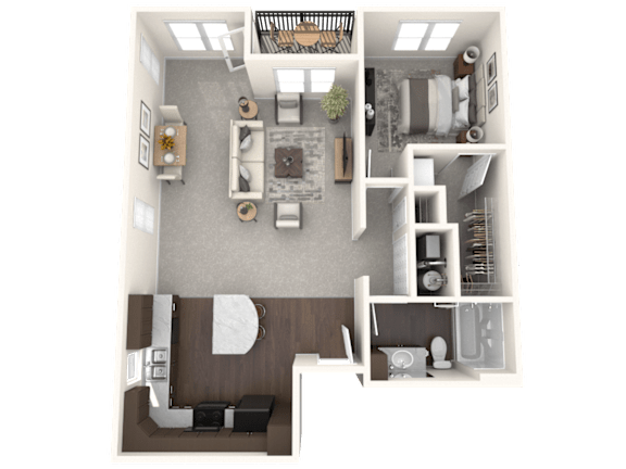 Floor Plan  A 3D floor plan of a modern apartment with a kitchen, living room, and bedroom.