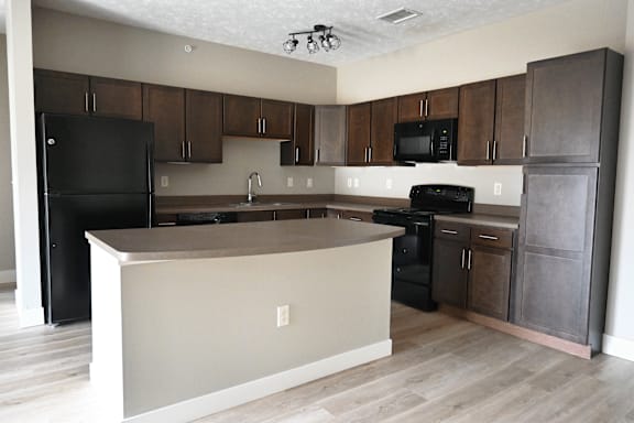A kitchen with a black refrigerator and stove.