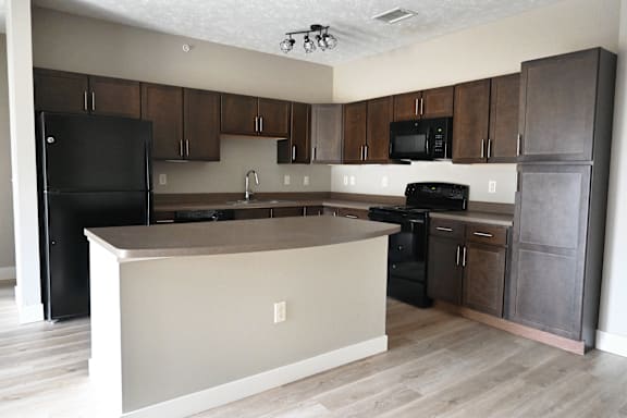 A kitchen with a black refrigerator and stove.