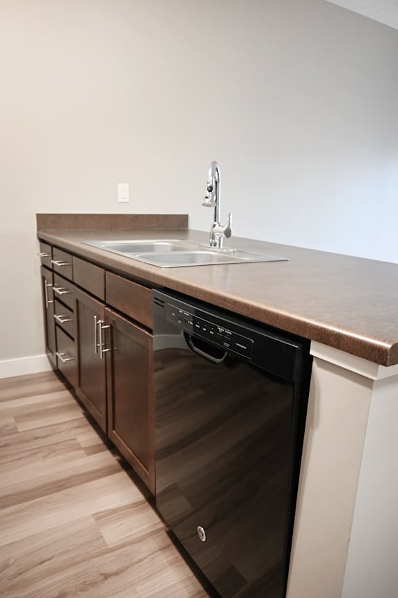 A modern kitchen with a wooden countertop and a dishwasher.