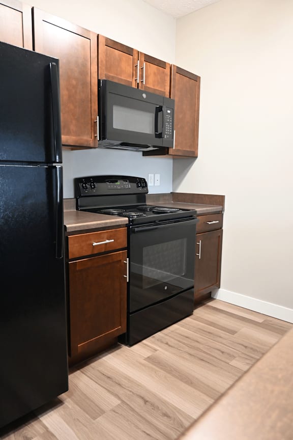 A black refrigerator and microwave in a kitchen with wooden cabinets.