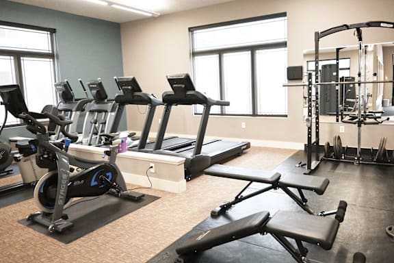 A gym with treadmills, exercise bikes, and weight racks.