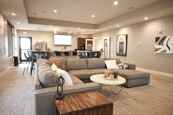 A living room with a grey couch and a coffee table.