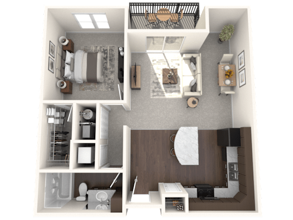 A 3D floor plan of a house showing a kitchen, living room, and bathroom.