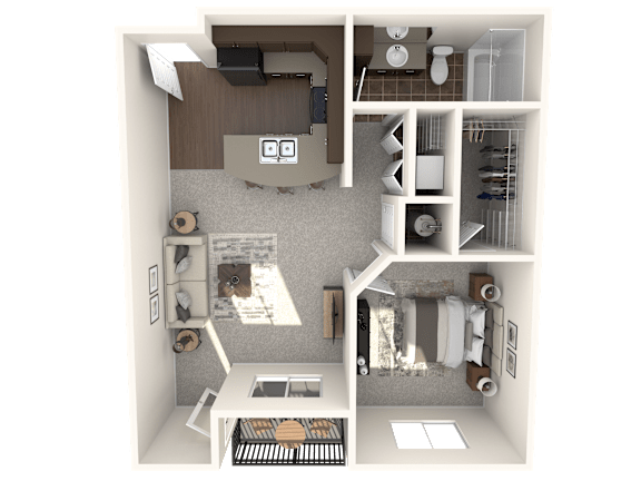 Floor Plan  A 3D floor plan of a small apartment with a kitchen, living room, and bathroom.