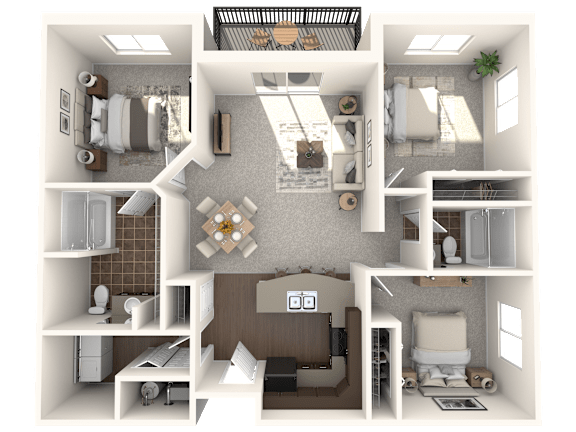 A 3D floor plan of a small apartment with a kitchen, living room, and bathroom.