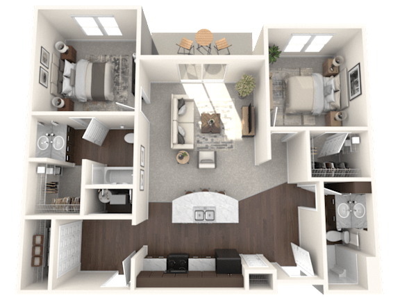 A 3D floor plan of a house showing a kitchen, living room, dining room, and bedrooms.