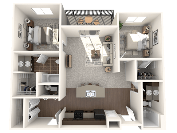 A 3D floor plan of a small apartment with a kitchen, living room, and two bedrooms.