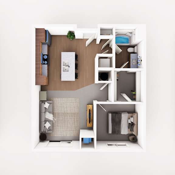 Top down floorplan view of the Marlowe layout showing living area, kitchen, bedroom, bathroom and laundry at Heartland Flats Alliance.