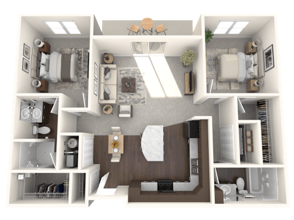 A 3D floor plan of a small apartment with a kitchen, living room, and bedroom.