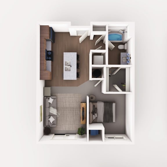 Top down floorplan view of the Brasswood layout showing kitchen, living area, bedroom, bathroom and laundry at Heartland Flats Alliance.