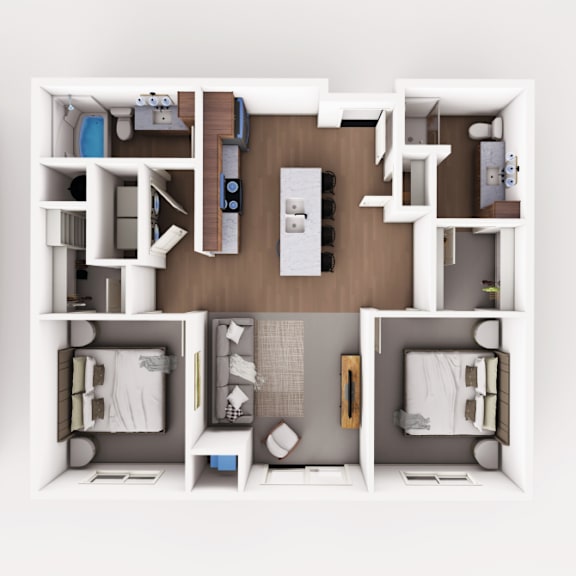 Top down floorplan view of the Ironwood layout showing living area, kitchen, bedrooms, bathrooms and laundry at Heartland Flats Alliance.