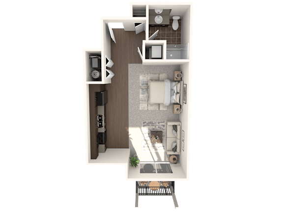 A 3D floor plan of a small apartment with a kitchen, living room, and bathroom.