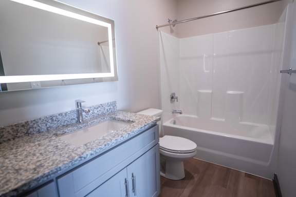 Bathroom with single sink vanity toilet and bathtub at The Harbor