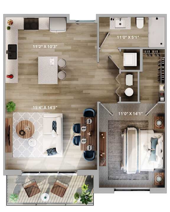 Top down floorplan view of The Helm layout showing kitchen, living area, bedroom and bathroom at The Harbor.