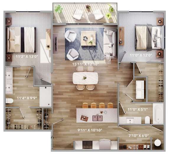 Top down floorplan view of the Jib layout showing kitchen, living area, bedrooms and bathroom at The Harbor.