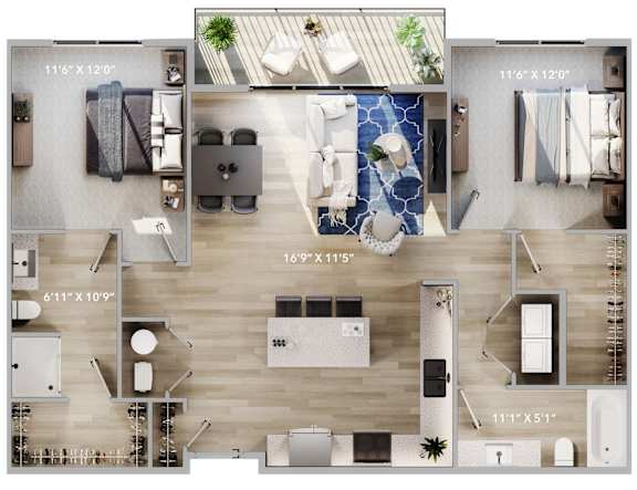 Top down floorplan view of the Leeward layout showing kitchen, living area, bedrooms and bathroom at The Harbor.
