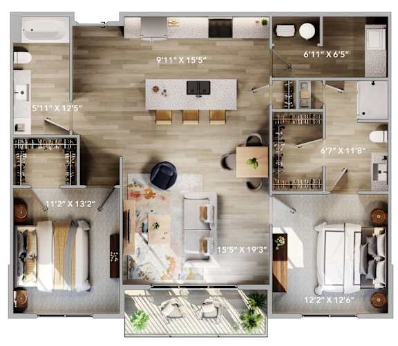 Top down floorplan view of the Port layout showing kitchen, living area, bedrooms and bathroom at The Harbor.
