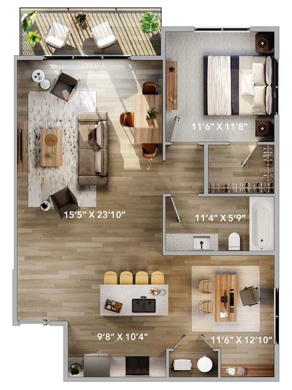 Top down floorplan view of the Stow layout showing kitchen, living area, bedroom and bathroom at The Harbor.