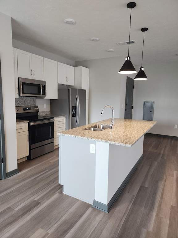 Kitchen with island, pendant lighting, stainless steel appliances and wood style flooring at The Harbor.