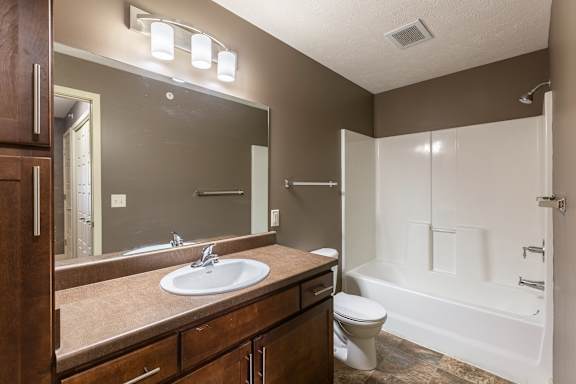 A bathroom with a large vanity, mirror, and tub-shower in the Durham home at The Sterling at Grand Island.