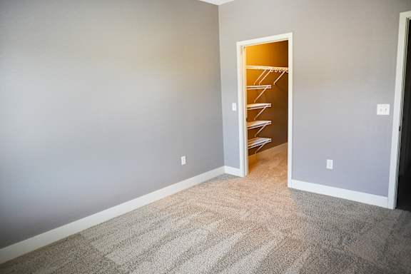 Bedroom with carpet flooring and an open closet door at The Sterling at Kearney