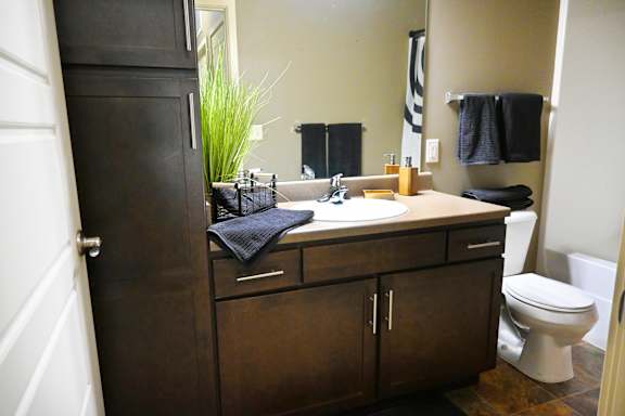 Bathroom vanity with countertop sink mirror and storage cabinet at The Sterling at Kearney