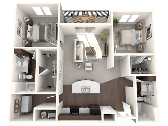 A 3D rendered image of a house layout.