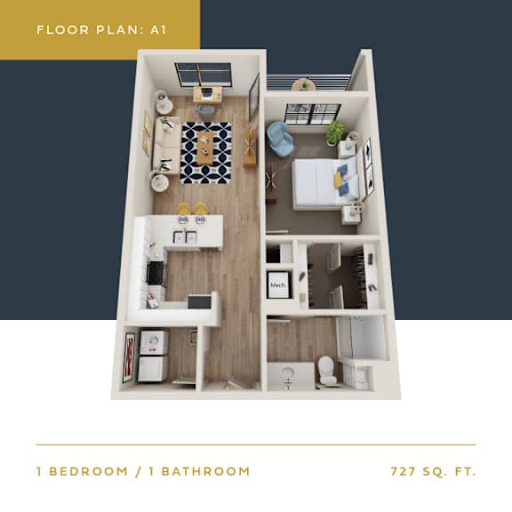 A1 Floor Plan | 727 Sq. Ft. A1 Floor Plan | 727 Sq. Ft. at Converge KC Uptown, Missouri, 64111
