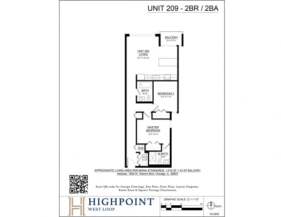 A black and white image of a floor plan for a unit at Highpoint West Loop.