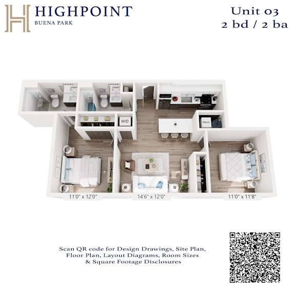 A floor plan for a 2 bedroom, 2 bathroom apartment at Highpoint Buena Park.