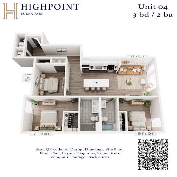 A floor plan for a 3 bedroom, 2 bathroom apartment at Highpoint Buena Park.