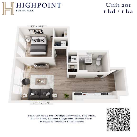 A floor plan for a 1 bedroom/1 bathroom unit at Highpoint Buena Park.