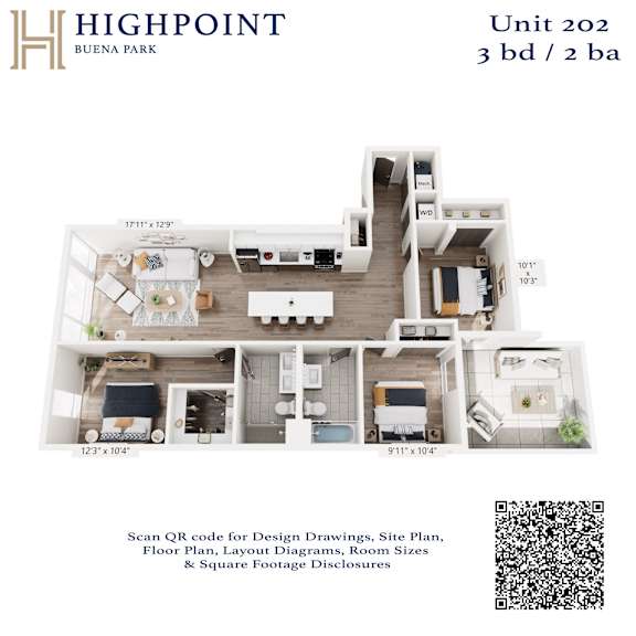 A floor plan for a 3 bedroom, 2 bathroom unit at Highpoint Buena Park.