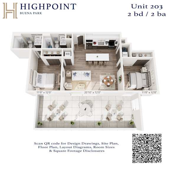 A floor plan for a 2 bedroom, 2 bathroom apartment at Highpoint Buena Park.
