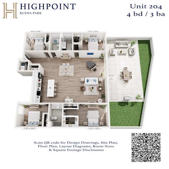 A floor plan for Unit 204 at Highpoint Buena Park shows a 4 bedroom, 3 bathroom apartment layout.