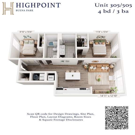 A floor plan for a 4 bedroom, 3 bathroom apartment at Highpoint Buena Park.