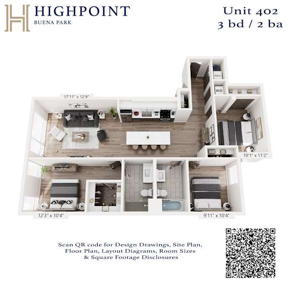 A floor plan for a 3 bedroom, 2 bathroom unit at Highpoint Buena Park.