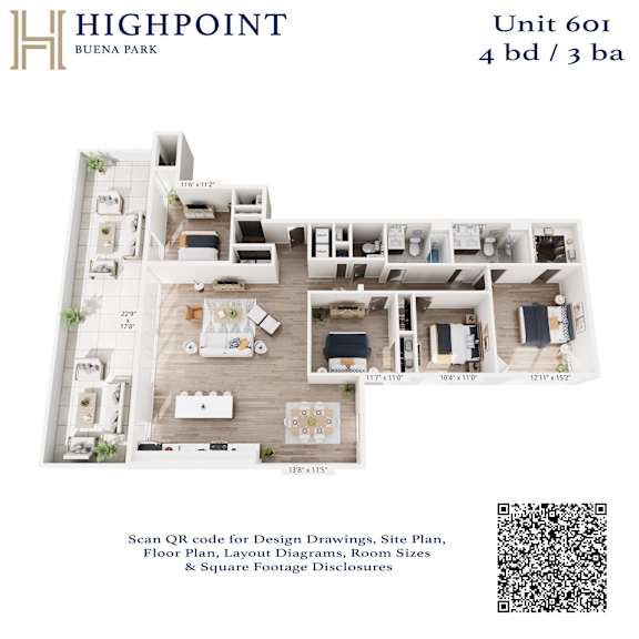 A floor plan for a 4 bedroom, 3 bathroom unit at Highpoint Buena Park.