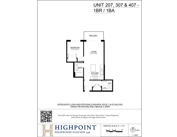 A floor plan for a Highpoint Highwood Station 54.6 apartment layout.